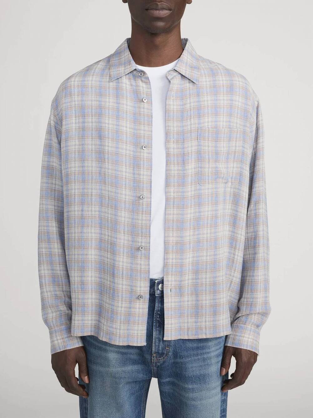 NEW FRAME linen blend plaid shirt in cream/blue